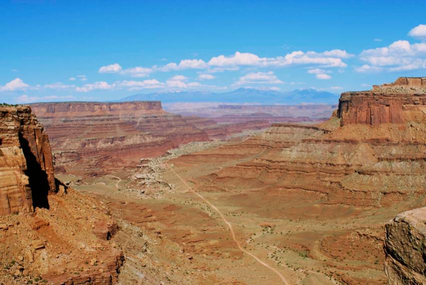 The White Rim Trail, as seen from the entrance to the trail, about a thousand feet above.